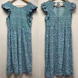 A New Day Smocked Floral Dress Green Purple Blue L